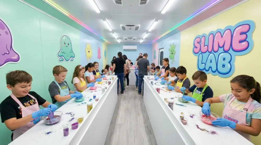 Looking down the length of the enclosed Slime Lab party trailer with stations on each side