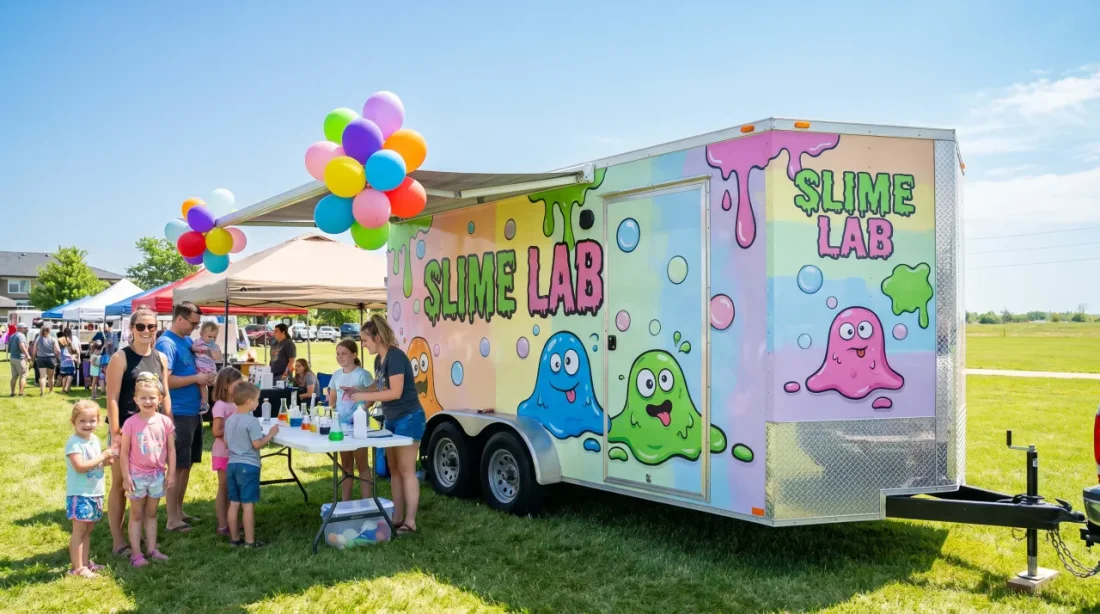 The colorful Slime Lab party trailer parked at an outdoor event with kids and families